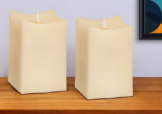 Beige Flameless Pillar Candles Set Of Two Dripless