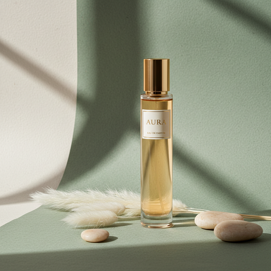 Essence of Discovery luxury fragrance bottle on sage green background